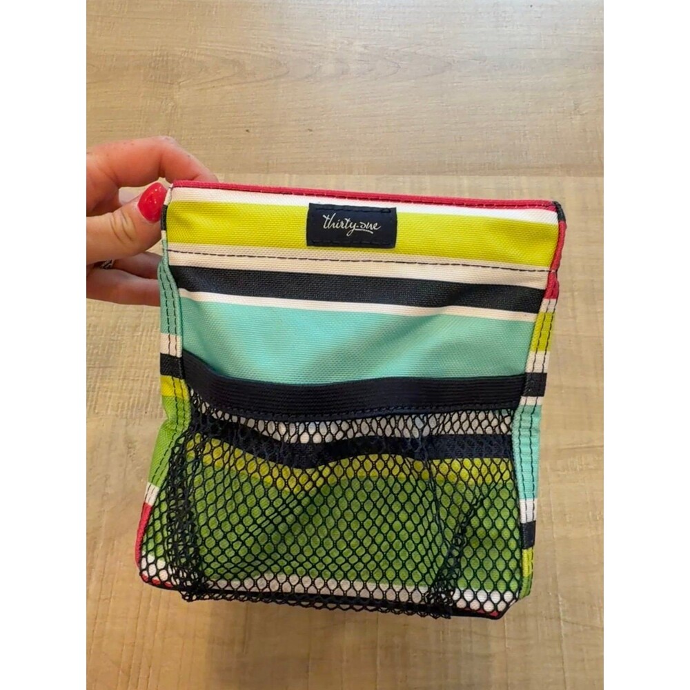 Thirty-One Tiny Tote Striped Cosmetic Bag with Mesh Pocket